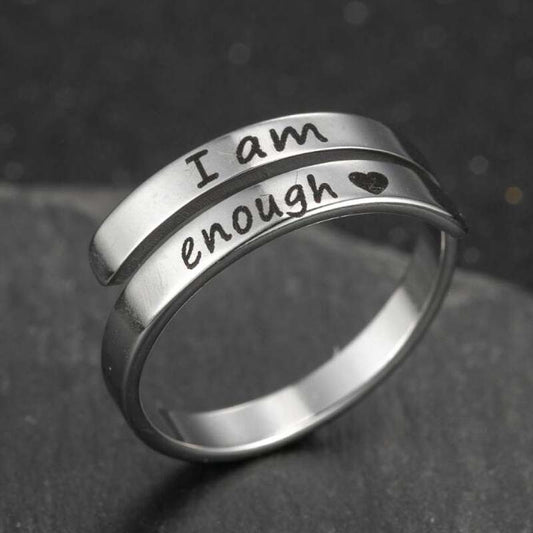 Silver-tone engraved adjustable double ring band with "I am enough" text on top