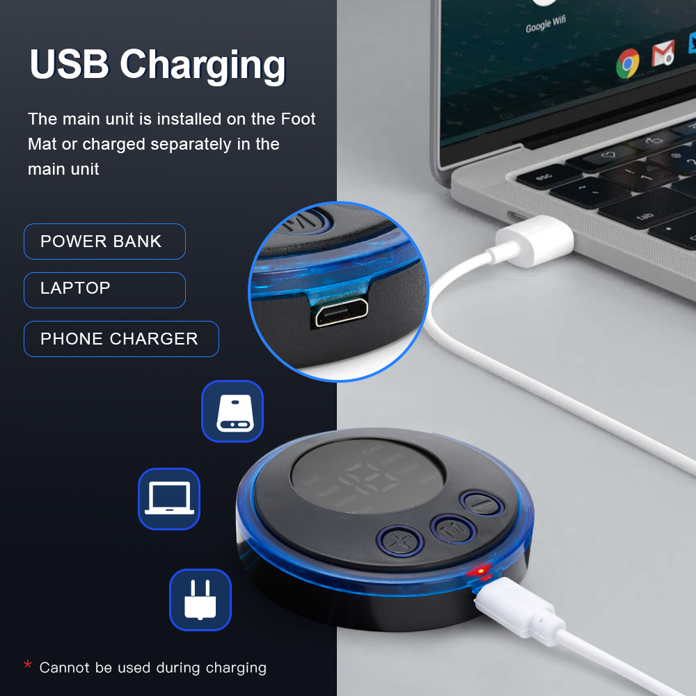 Foot massage pad with blue control light and USB charging connector