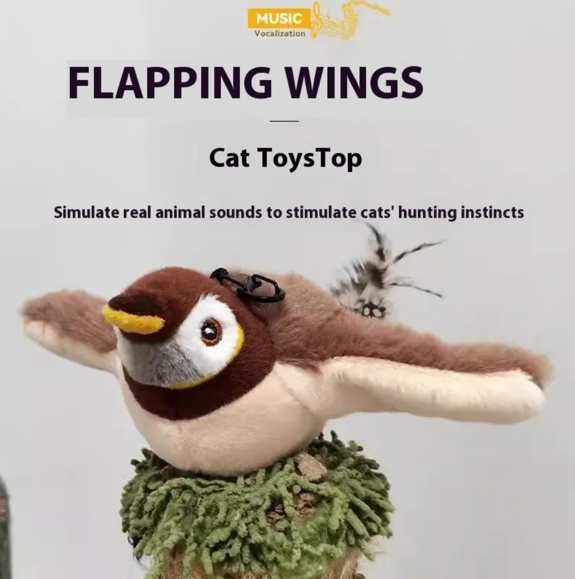 Plush bird cat toy with brown head, white face, and feathery wings attached