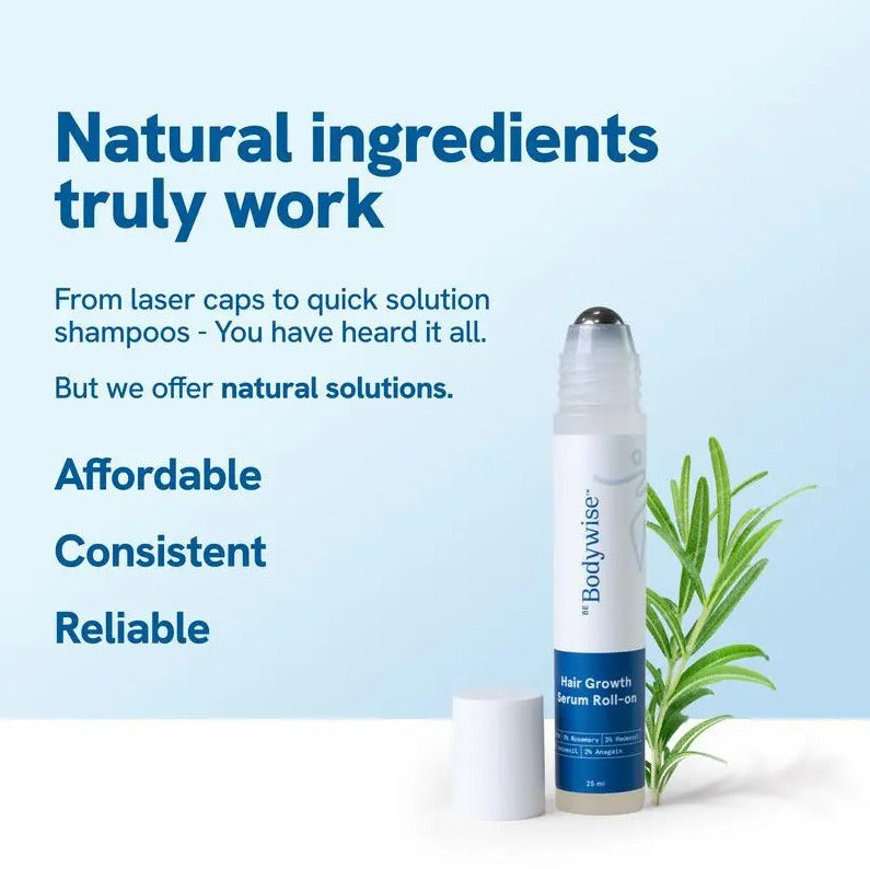 BeBodywise hair growth serum roll-on bottle with rosemary sprig