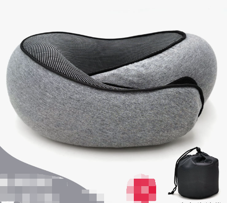 Gray ergonomic travel neck pillow with contoured support and striped inner band