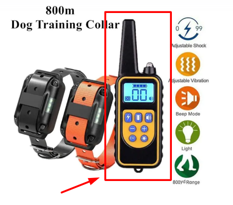 Dog training collar handheld controller with LCD screen and orange/black receiver straps