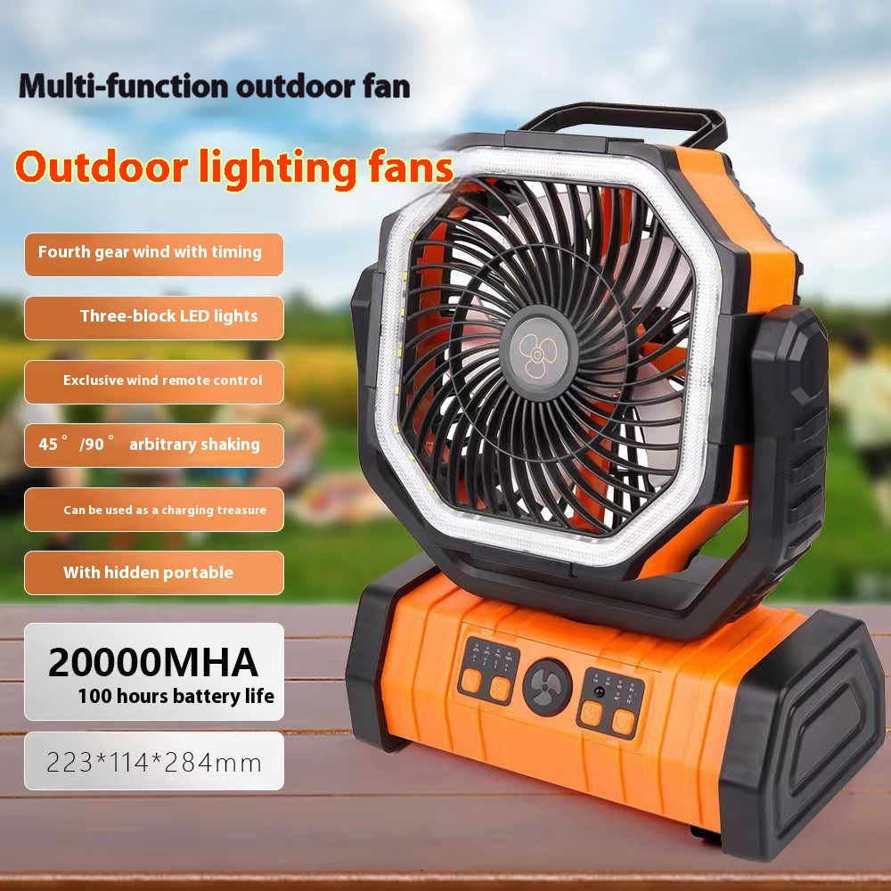 Orange portable camping fan with power bank, control buttons on base and front grille