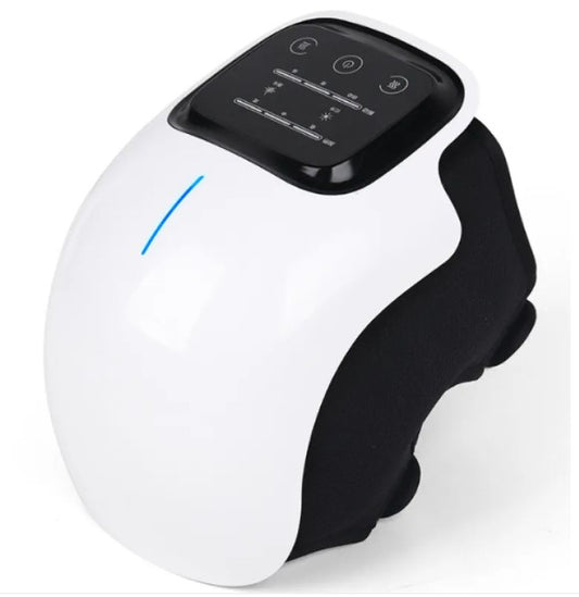 Electric knee massager with heat and vibration, white base and black control panel