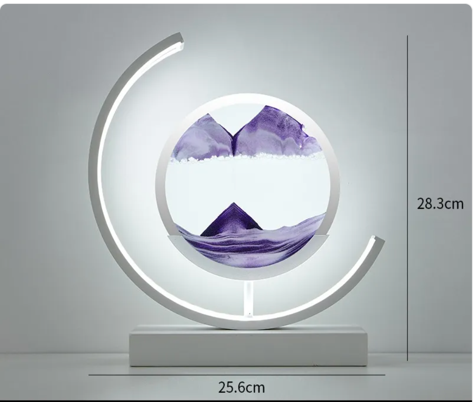 Chinese-style glass hourglass table lamp with white LED ring and purple landscape core