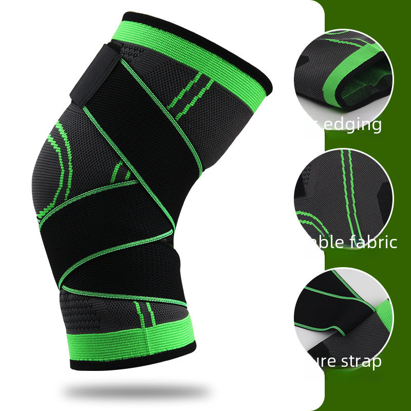 Compression knee sleeve, black with neon green support lines and wide cuff.