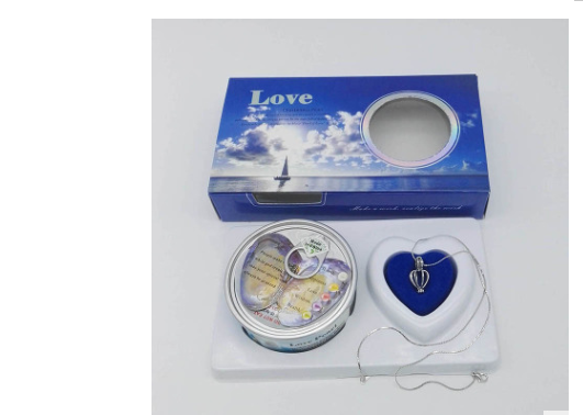 Wish pearl necklace gift set with blue heart pendant, chain, and round keepsake container