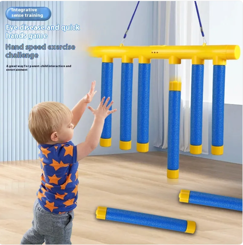 Kids sensory reaction trainer toy with yellow bar and blue rods, child reaching up