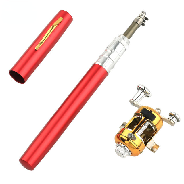 Red portable pocket fishing rod with reel, white grip and compact tube case