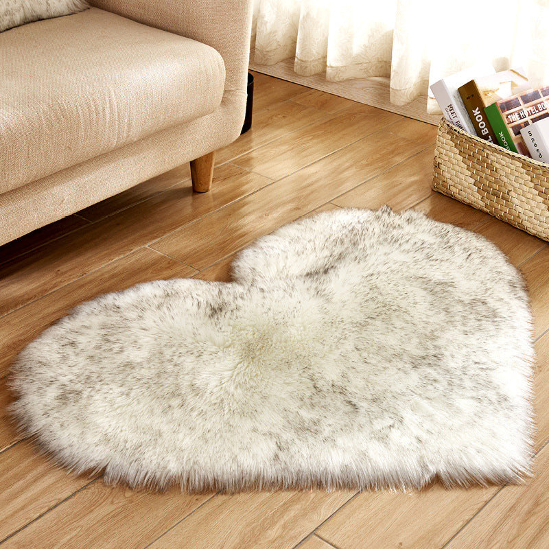 Plush heart-shaped rug, white long-pile shag with soft gray speckle
