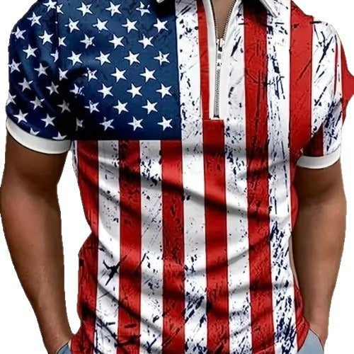 Men's zip-up polo shirt, white and red striped with blue star panel and silver zipper