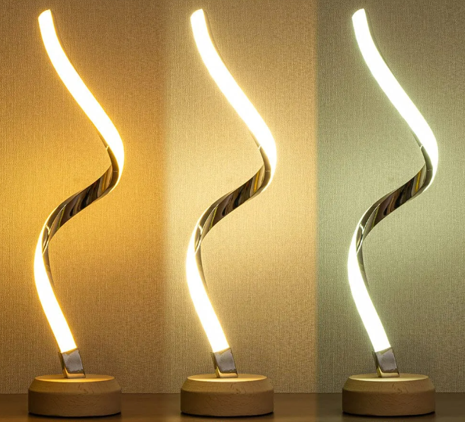 Three spiral LED bedside lamps with bright curved light strips