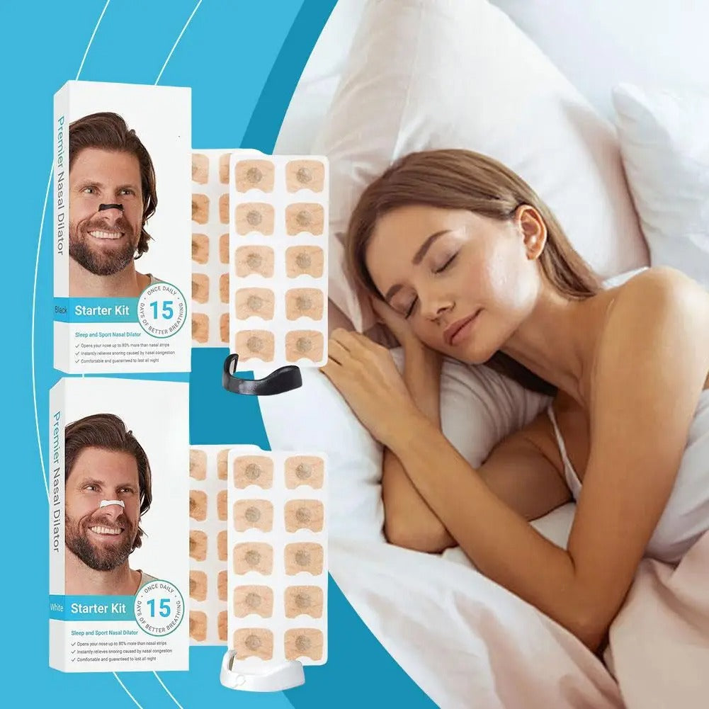 Woman sleeping with white nasal dilator strip on her nose
