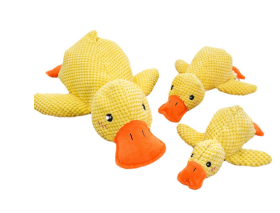 Yellow plush duck toy set with orange beak and feet, multiple duck shapes
