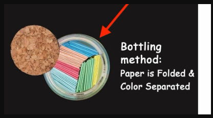 Jar cork close-up with cut paper stripes graphic and text: “Bottling method”.