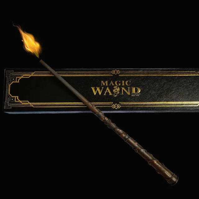 Magic wand toy with braided dark handle and small flame effect at the tip