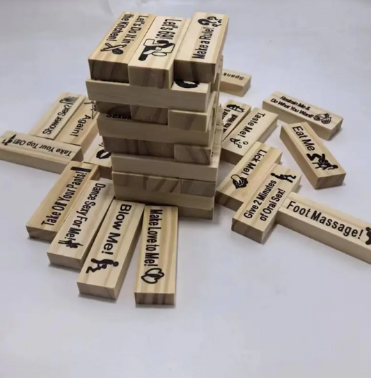 Wooden couples date-night game with stacked blocks and printed romantic prompts