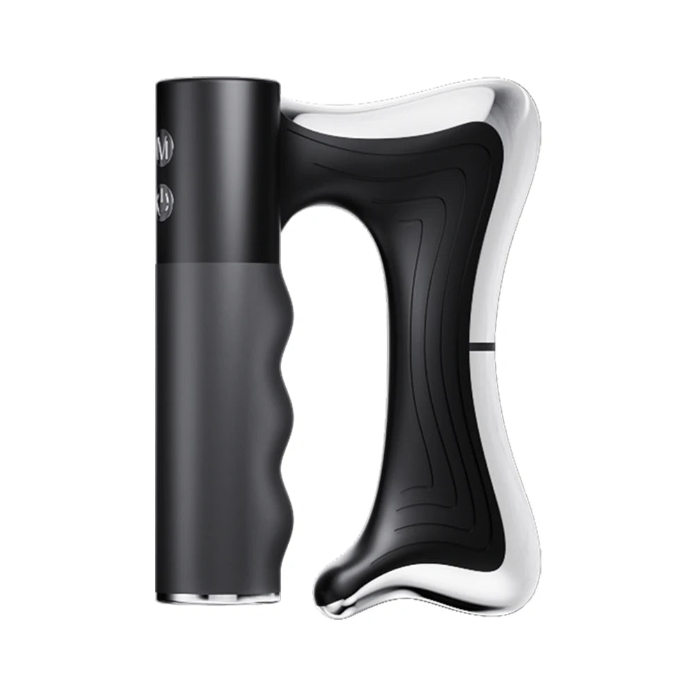 Black massage blade tool with ergonomic curved body and rounded head