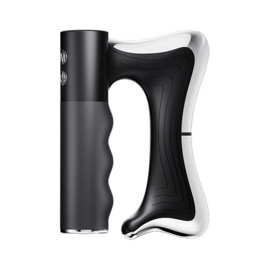 Black massage blade tool with ergonomic curved body and rounded head