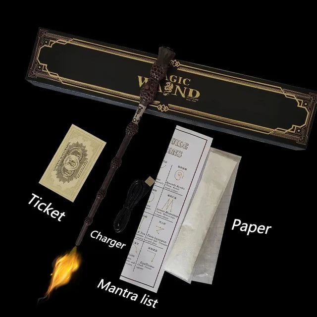 Magic wand toy set with dark wand, ticket, paper pages, and flame effect