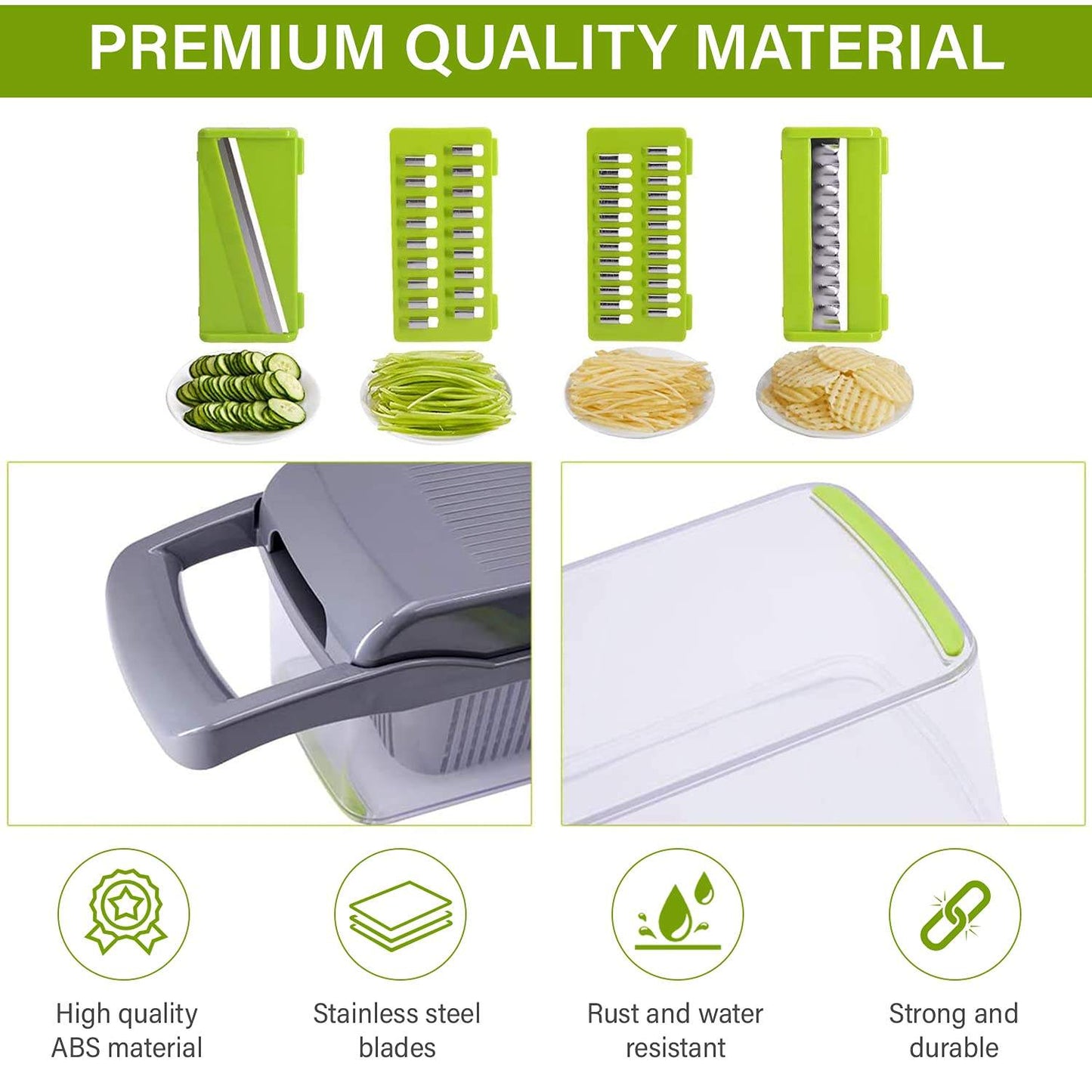 Vegetable chopper and dicer with multi-blade inserts and green safety rim
