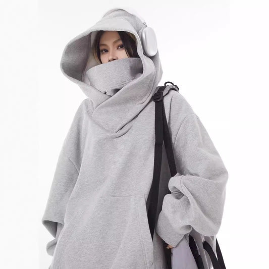 Gray high-collar fleece-lined hoodie with oversized hood and front pouch pocket