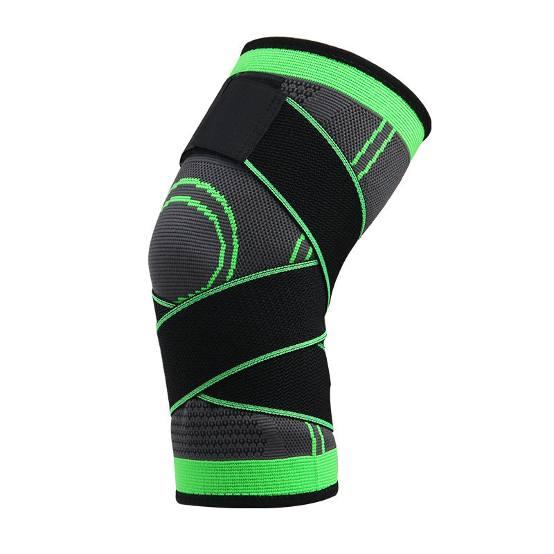 Black compression knee sleeve with neon green trim and reinforced strap panels