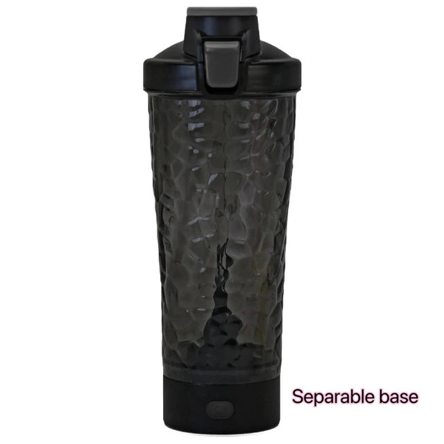 Black electric portable protein shaker bottle with textured sides and separable base