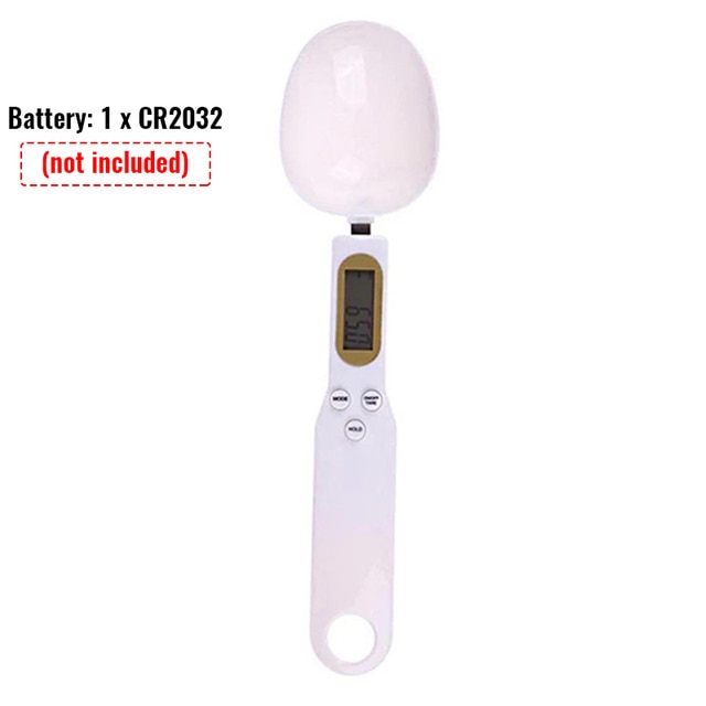 White kitchen spoon scale with LCD display, control buttons, and translucent oval cup