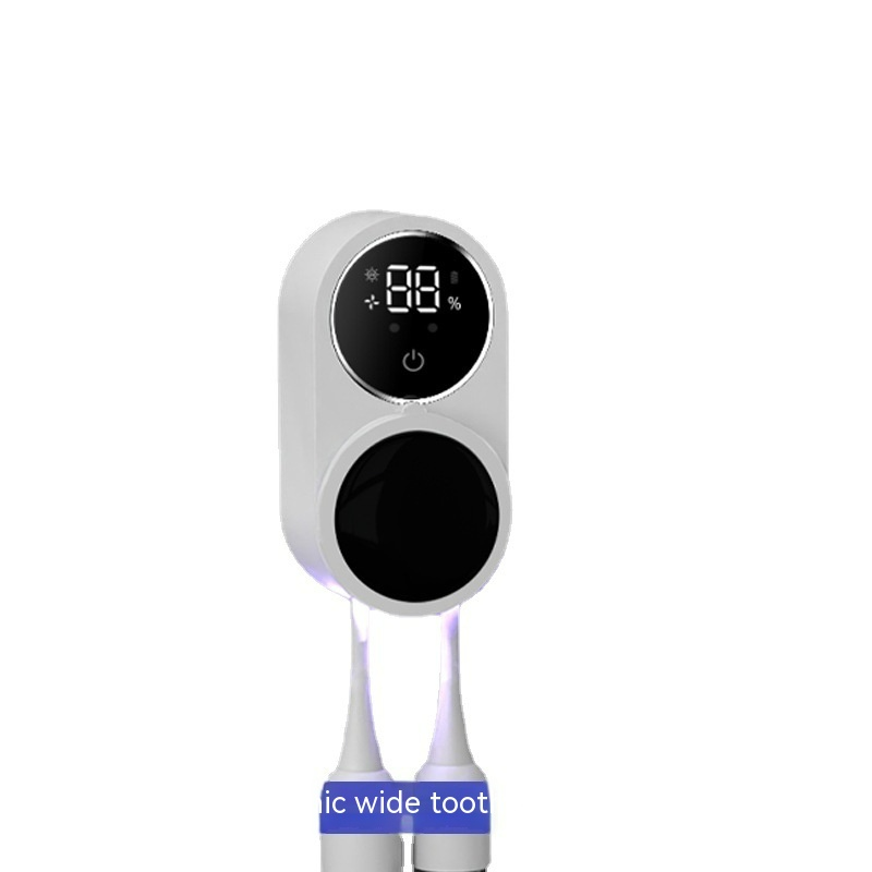 White UV toothbrush sanitizer holder with round digital % display and two toothbrush handles