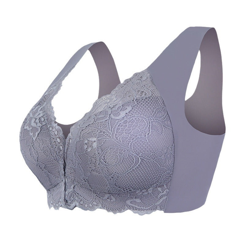 Slate blue lace wireless bra, angled view with wide underband and scalloped trim