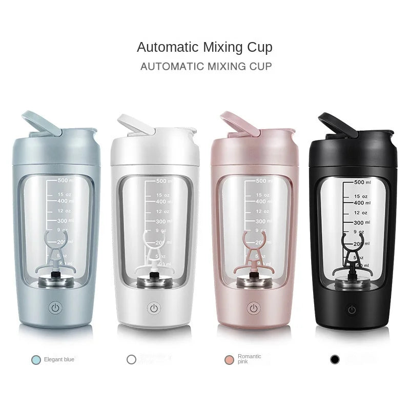 Electric shaker bottles set, light blue, white, pink, and black each with flip lid and base