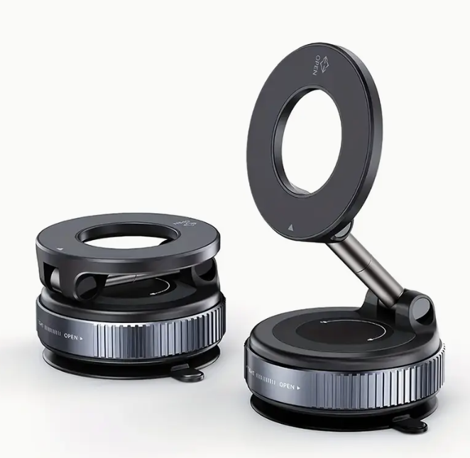 Black magnetic car phone mount with suction base and oval magnetic arm