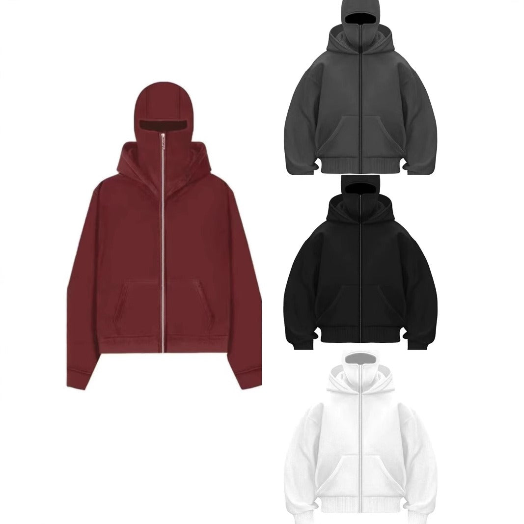 Hooded zip-up baseball jacket color options, including wine red, gray, black, and white