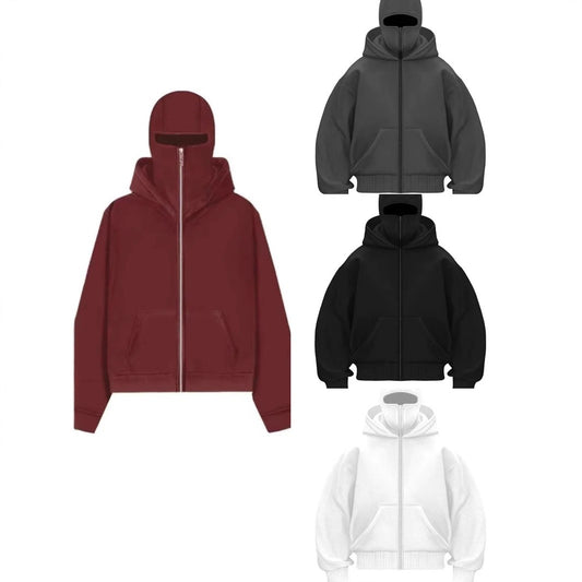 Hooded zip-up baseball jacket color options, including wine red, gray, black, and white