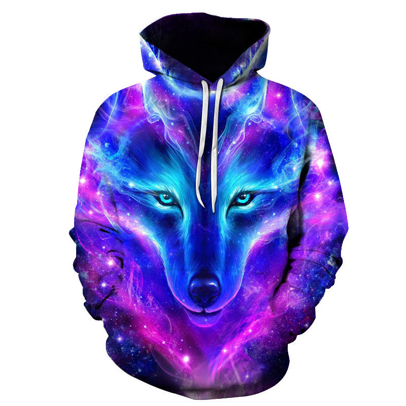 Blue-and-purple hooded baseball jacket with glowing wolf face graphic and drawstring