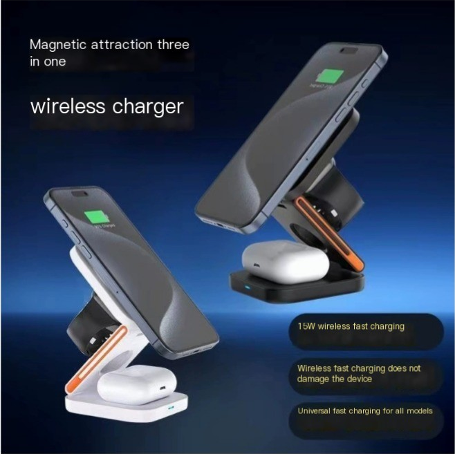 Wireless charger stand with fold-out phone holder, black with white earbuds dock.