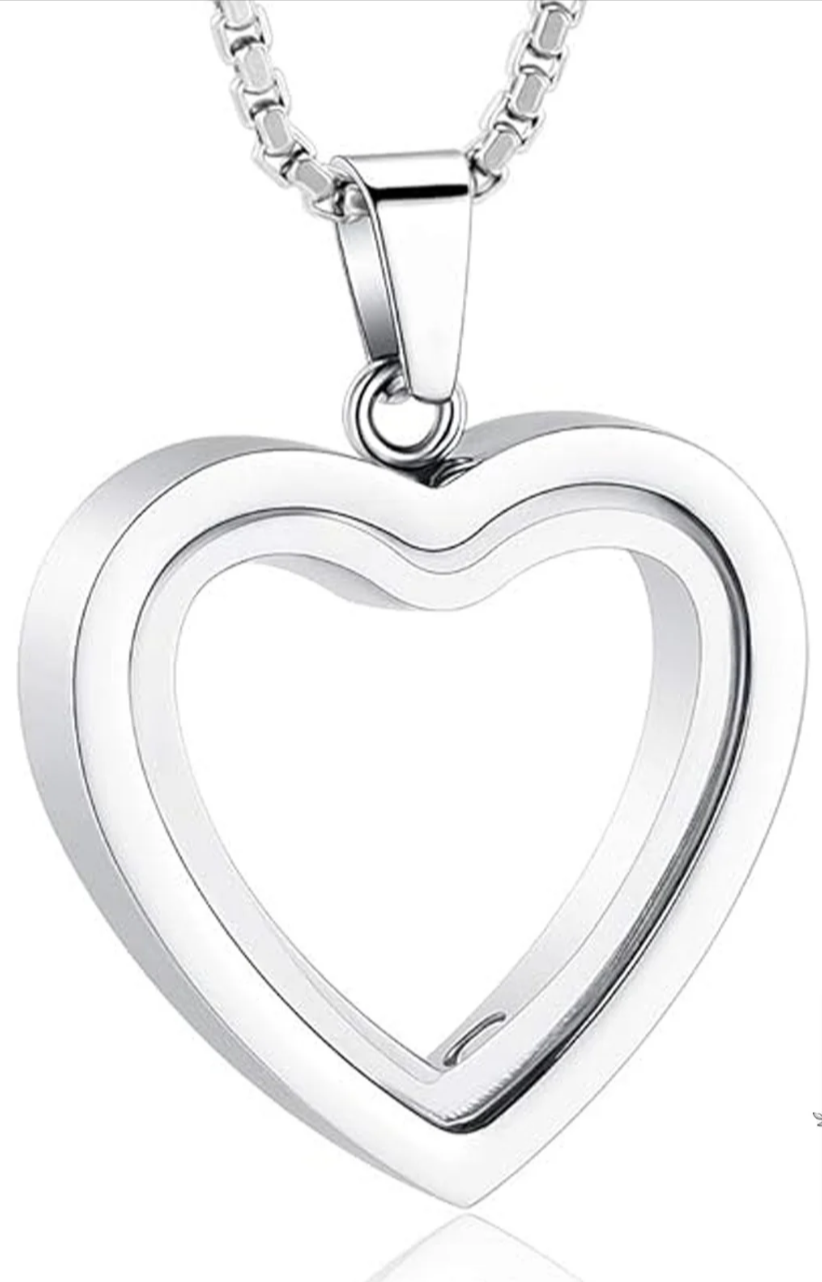 Silver heart-shaped pendant necklace with polished stainless steel and chain
