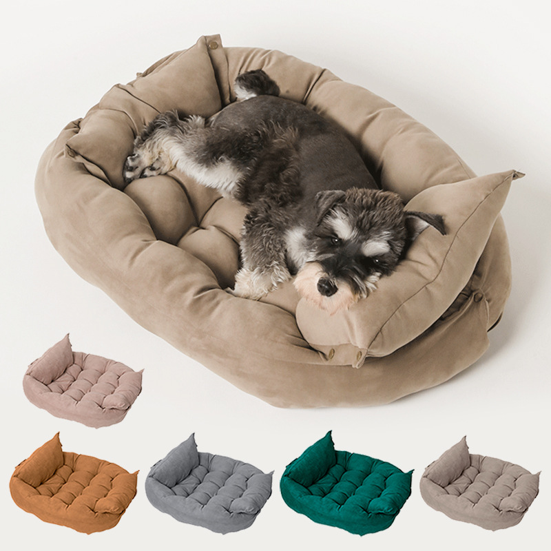 Foldable pet nest sofa bed in beige with rolled bolster sides and cushioned base