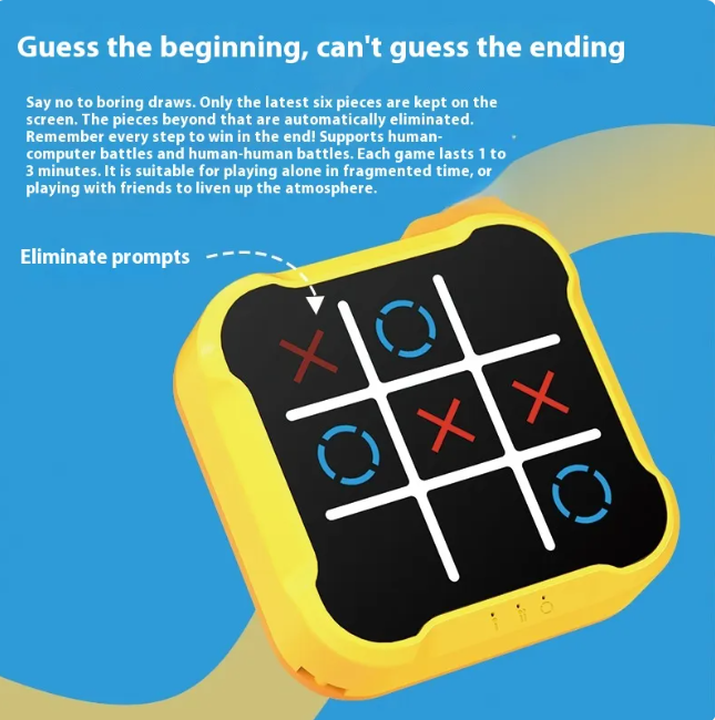 Yellow-framed tic-tac-toe board with black grid, blue circles, and red X marks