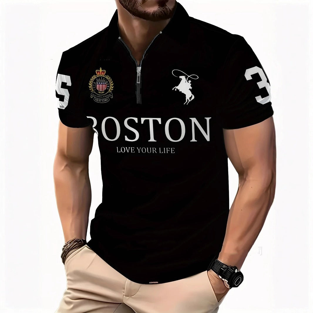 Men's zip-up polo shirt, black with Boston graphic and white zipper placket