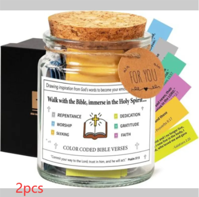 Bible verse jar with cork lid and glass body, gold ribbon, “FOR YOU” tag, and scripture cards