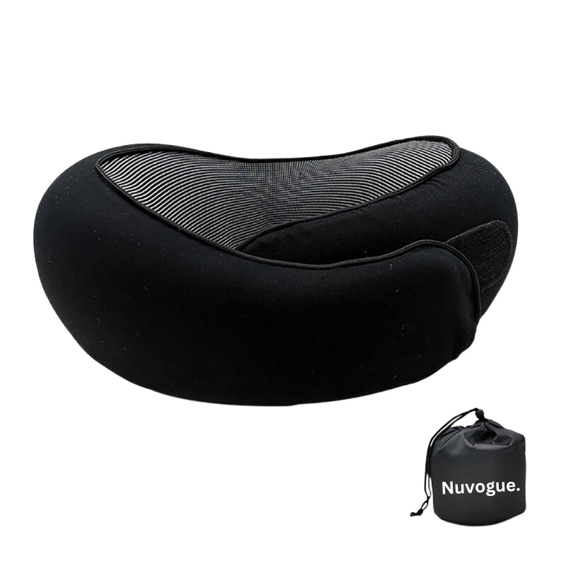 Ergonomic travel neck pillow, black with gray striped neck support insert