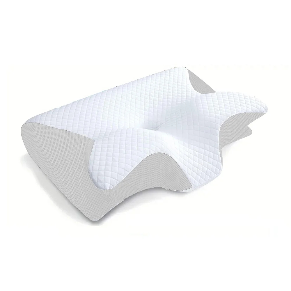 Memory foam cervical neck pillow, white with gray side mesh and center contour support