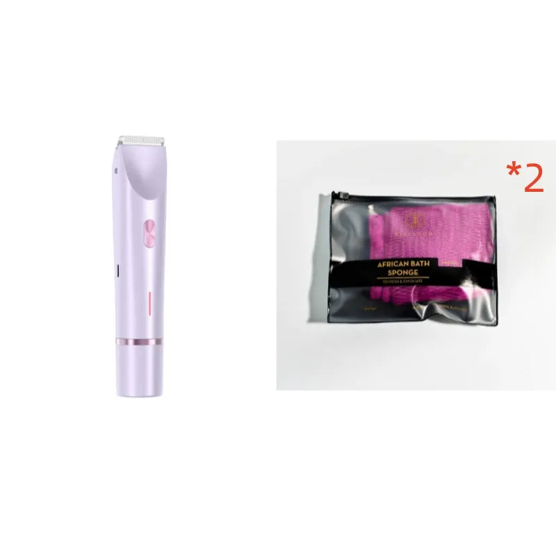 Purple electric hair remover shaver with attachment; includes exfoliating sponge pack.