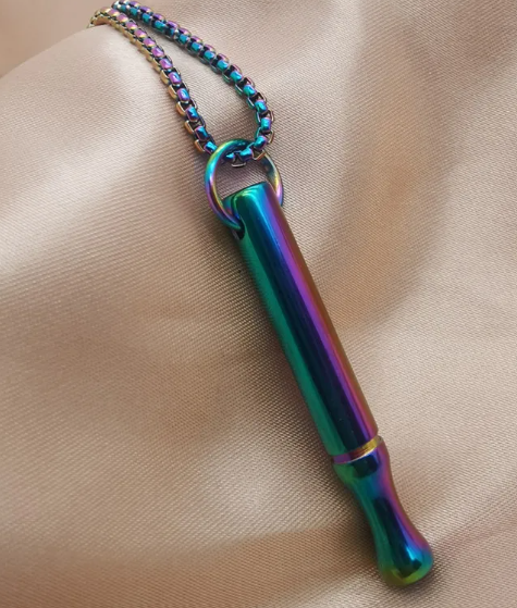 Breathing necklace pendant with rainbow capsule and multicolor bead chain