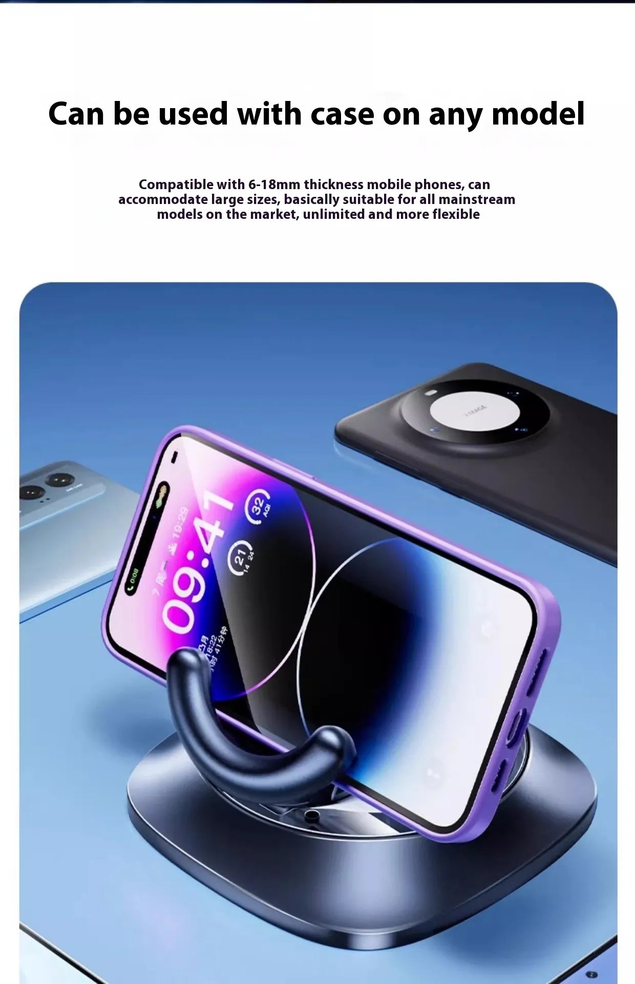 Violet magnetic car phone mount with suction base and circular ring holder gripping a phone