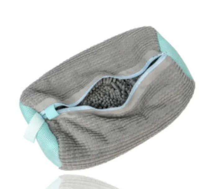 Mesh shoe laundry bag in dark gray with light blue trim and open zipper pocket