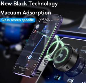 Black magnetic car phone mount with suction cup and double-sided holder, 360° rotation
