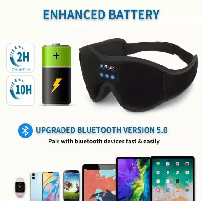 Black Bluetooth sleep eye mask with control panel and adjustable head strap